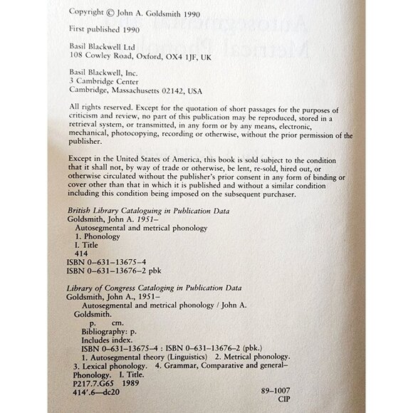 1990 Autosegmental & Metrical Phonology Goldsmith HC 1st Edition Linguistics E41 - Picture 3 of 6